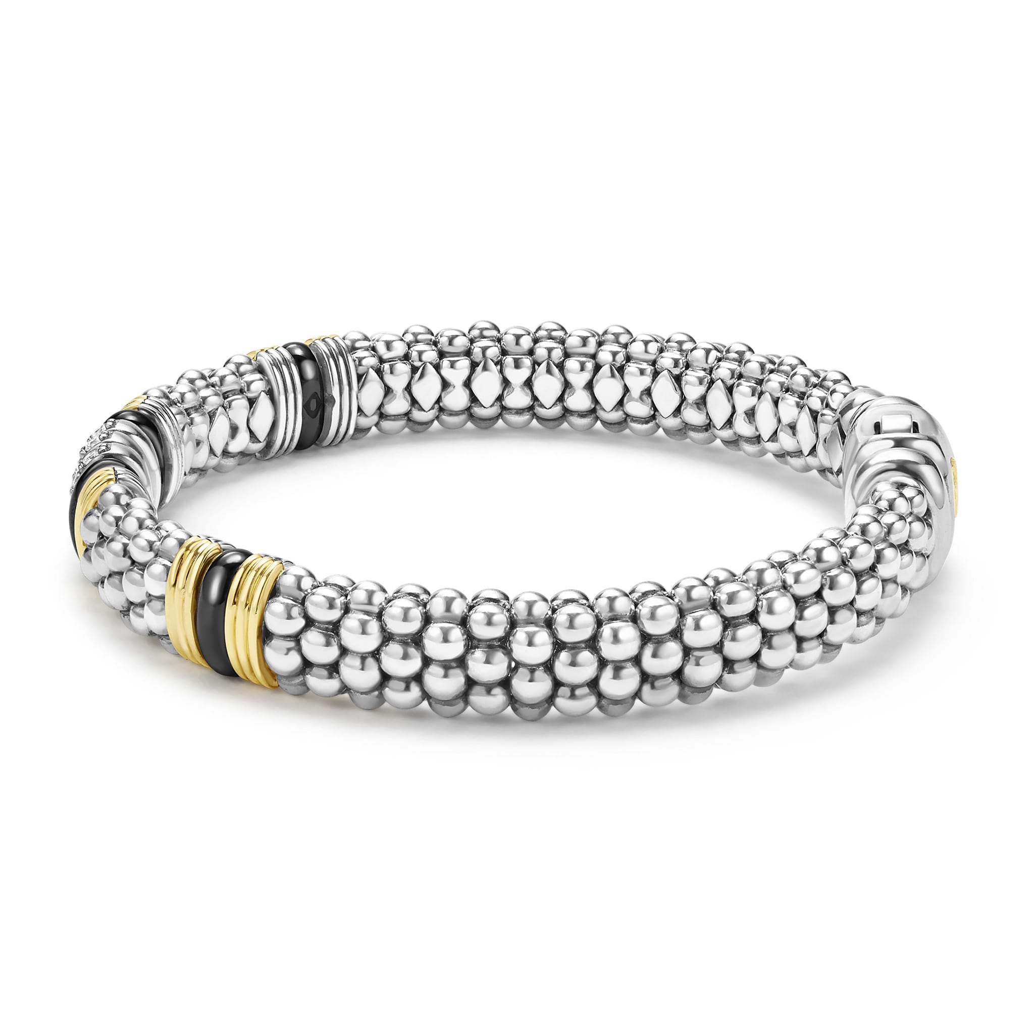 side of 9mm sterling silver beaded diamond bracelet with black ceramic and gold stations