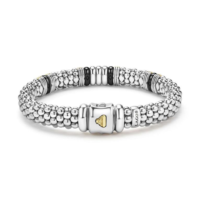 back of 9mm sterling silver beaded diamond bracelet with black ceramic and gold stations