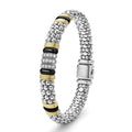 upright 9mm sterling silver beaded diamond bracelet with black ceramic and gold stations