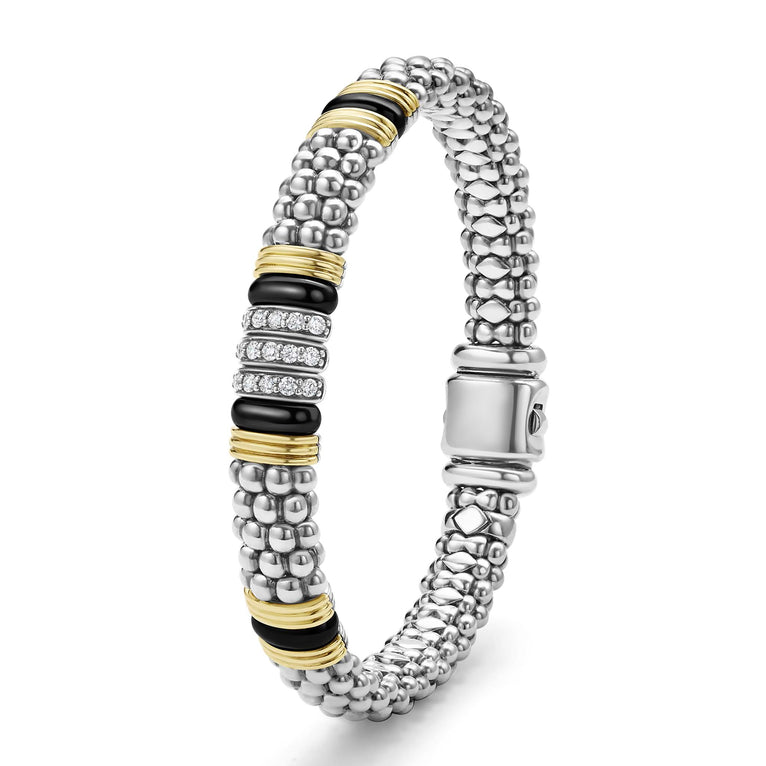 upright 9mm sterling silver beaded diamond bracelet with black ceramic and gold stations
