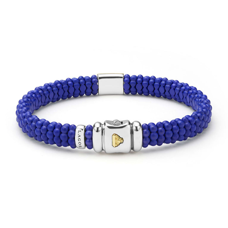 LAGOS 18K Gold matte blue ceramic Caviar bracelet, 9mm