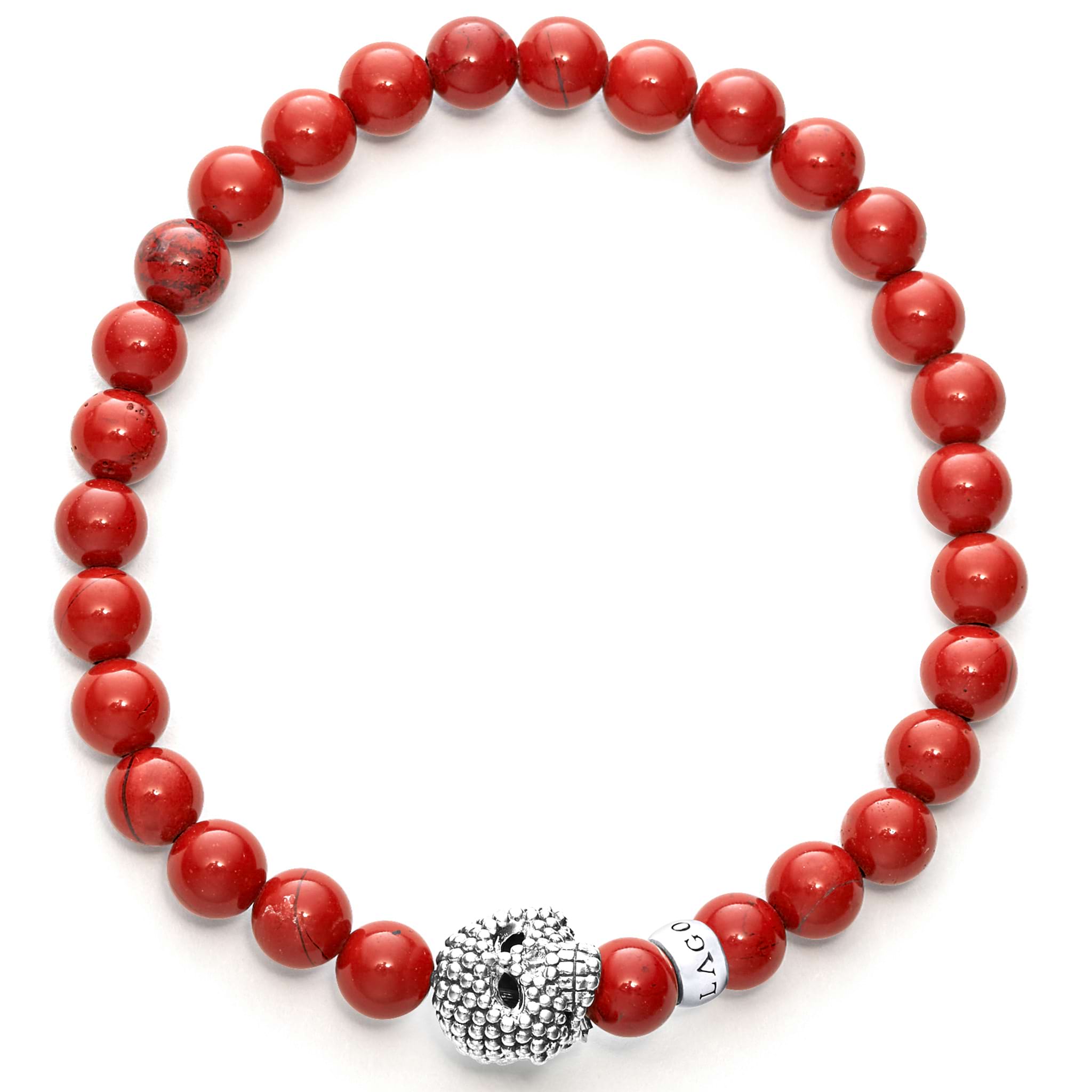 Anthem Red Jasper Skull Bead Bracelet featuring polished red beads, a sterling silver spacer, and a sterling silver metal skull, showcasing fine craftsmanship.