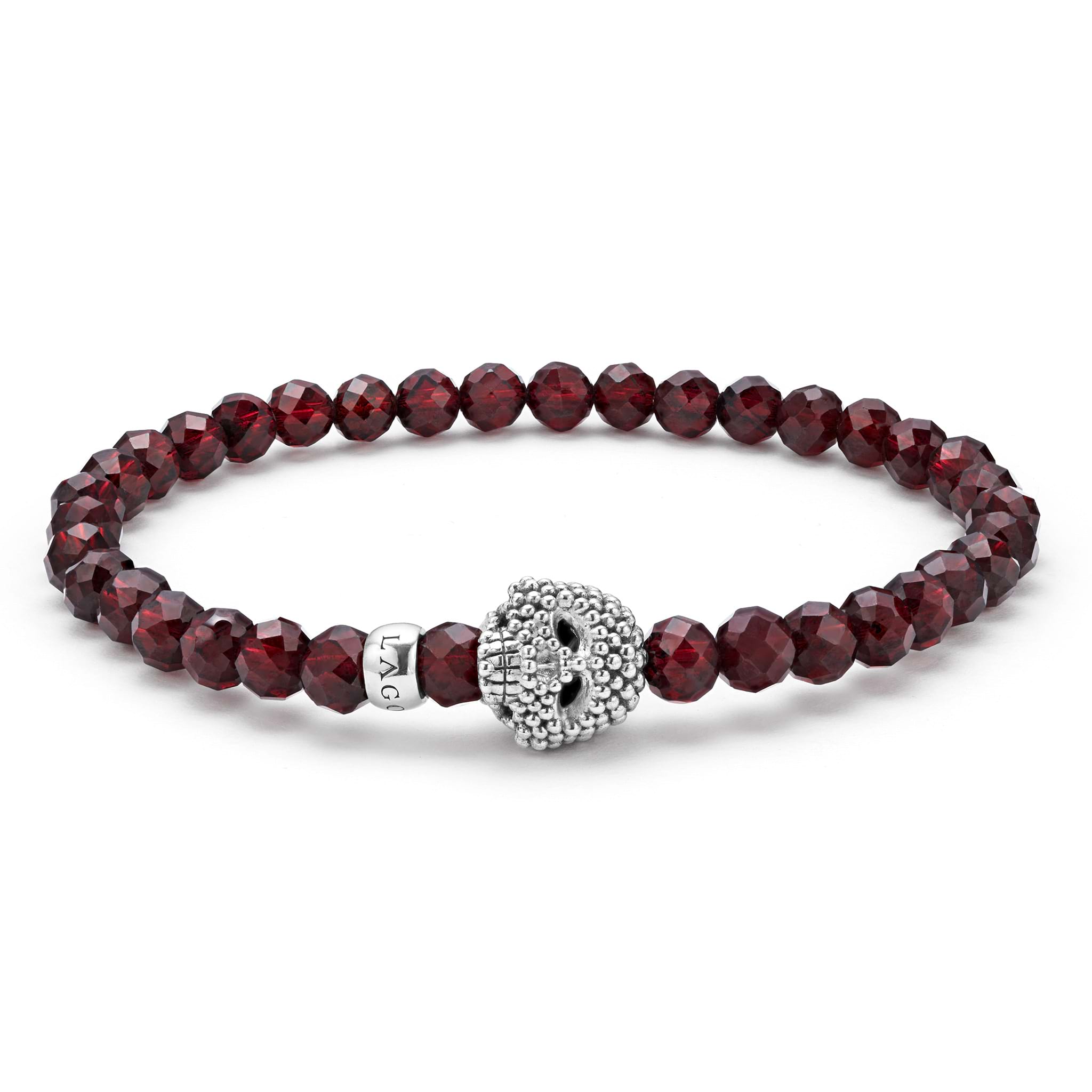 Red garnet gemstone bracelet with a sterling silver Caviar skull.