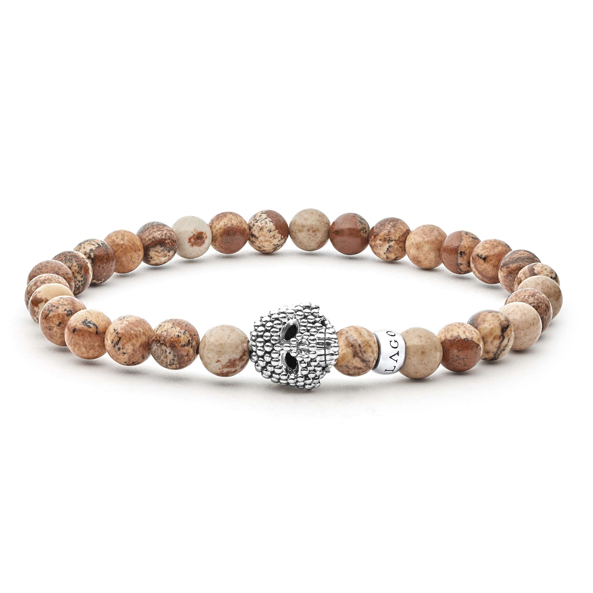 Picture jasper gemstone beaded bracelet with a sterling silver Caviar skull.