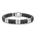 Three diamond and sterling silver stations set in a black ceramic beaded bracelet. LAGOS diamonds are the highest quality natural stones.