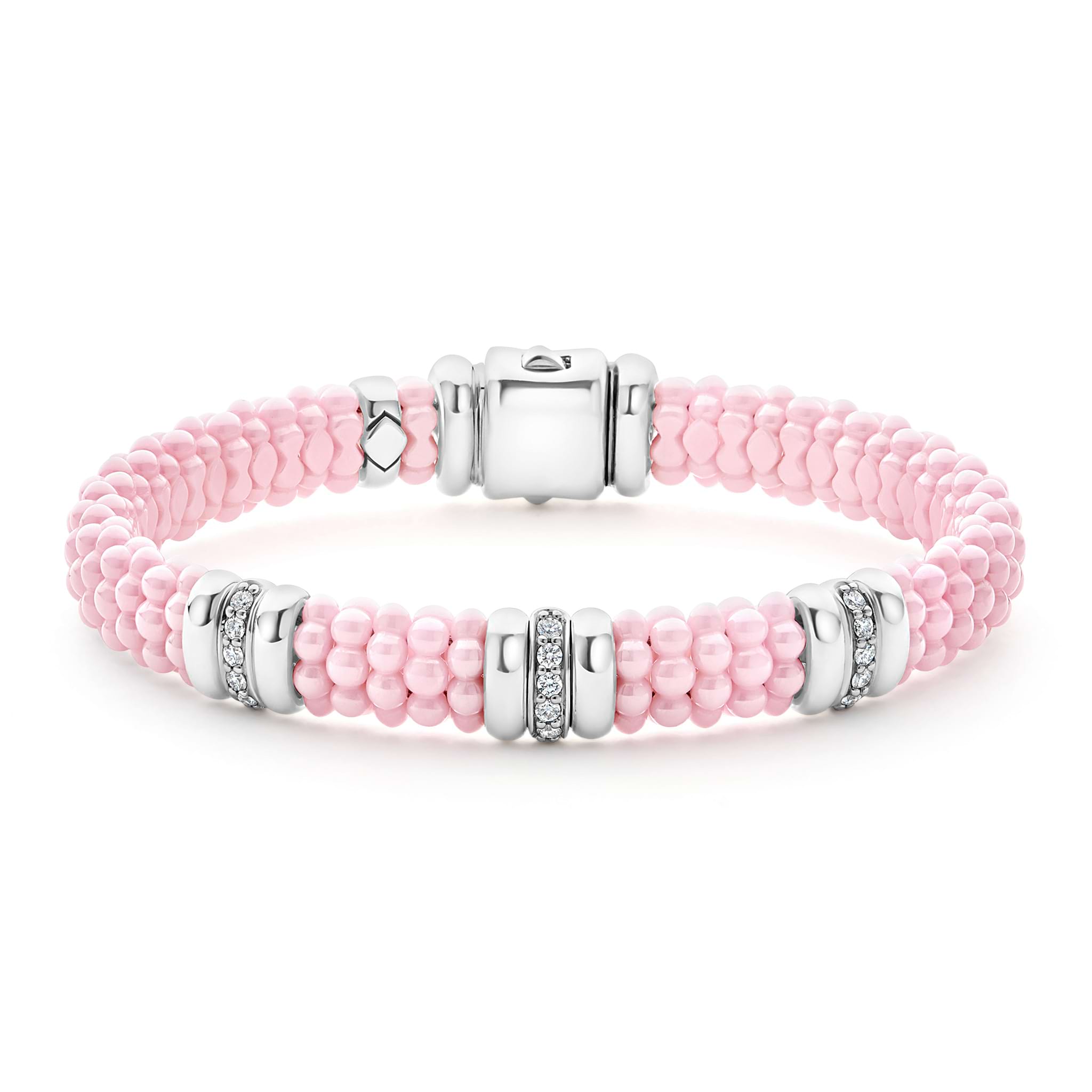 Three diamond stations set in sterling silver surrounded by pink ceramic Caviar beading. LAGOS diamonds are the highest quality natural stones.