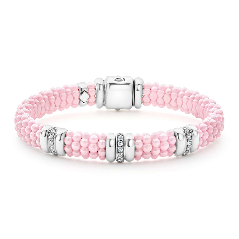 Three diamond stations set in sterling silver surrounded by pink ceramic Caviar beading. LAGOS diamonds are the highest quality natural stones.