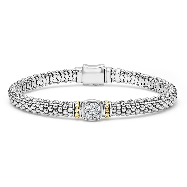 Pave diamonds and sterling silver Caviar beading with 18k gold detailing forms this rope bracelet. LAGOS diamonds are the highest quality natural stones.