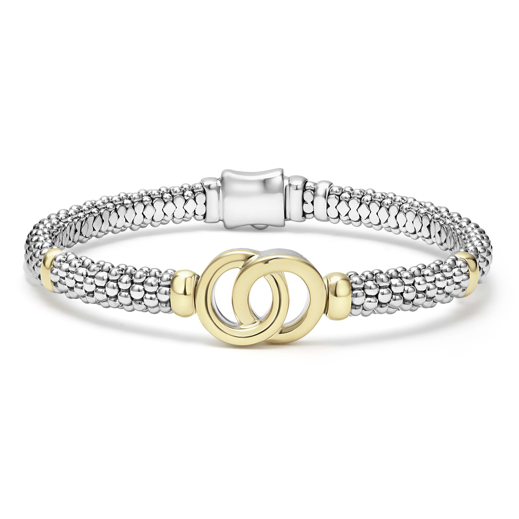 18K gold and sterling silver Caviar beading form this signature interlocking bracelet.
