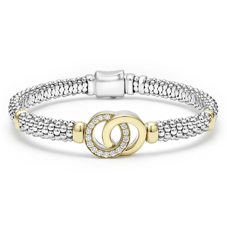 18K gold, diamonds, and sterling silver Caviar beading form this signature interlocking bracelet. LAGOS diamonds are the highest quality natural stones.