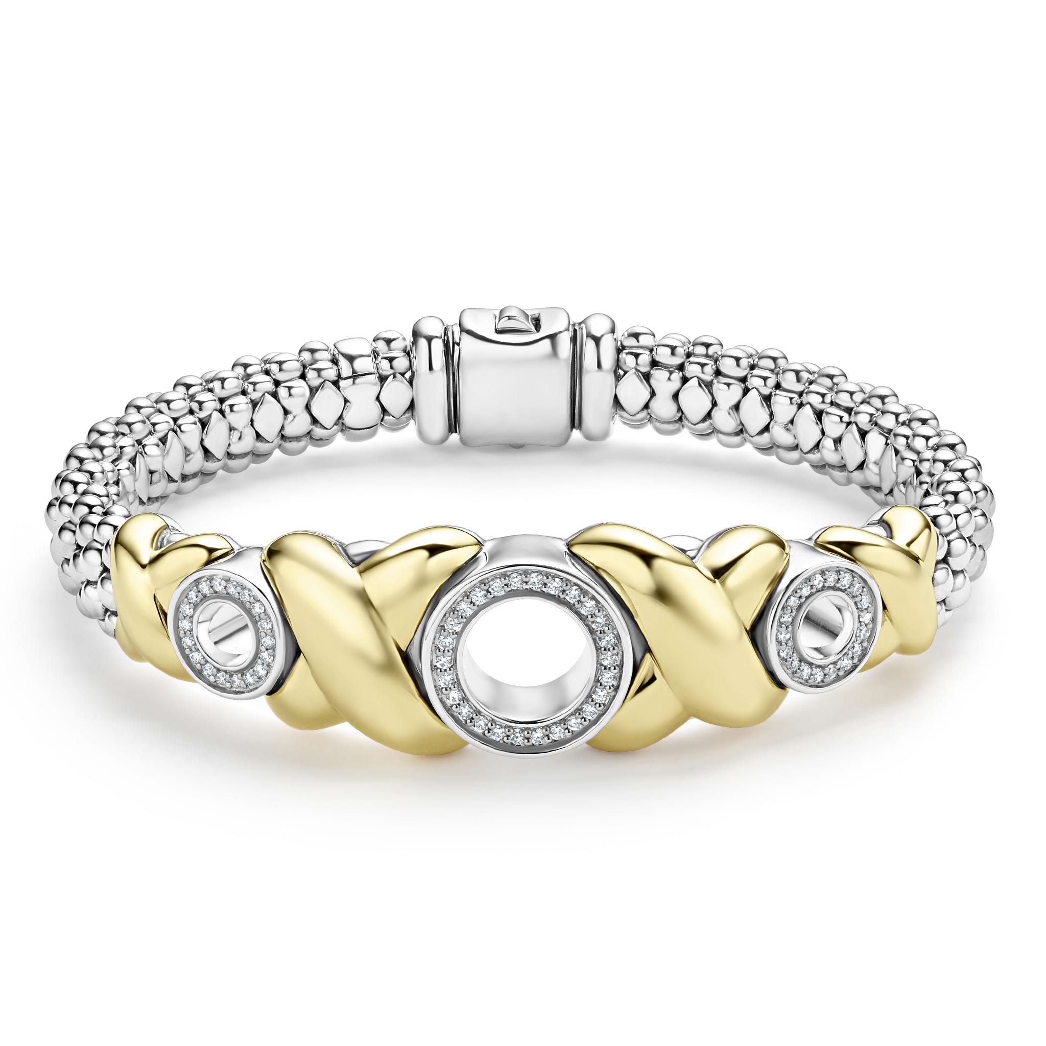Three diamond circles set in 18K gold X-motifs accent this sterling silver Caviar beaded bracelet. LAGOS diamonds are the highest quality natural stones.