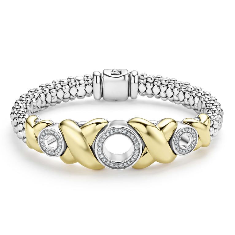 Three diamond circles set in 18K gold X-motifs accent this sterling silver Caviar beaded bracelet. LAGOS diamonds are the highest quality natural stones.