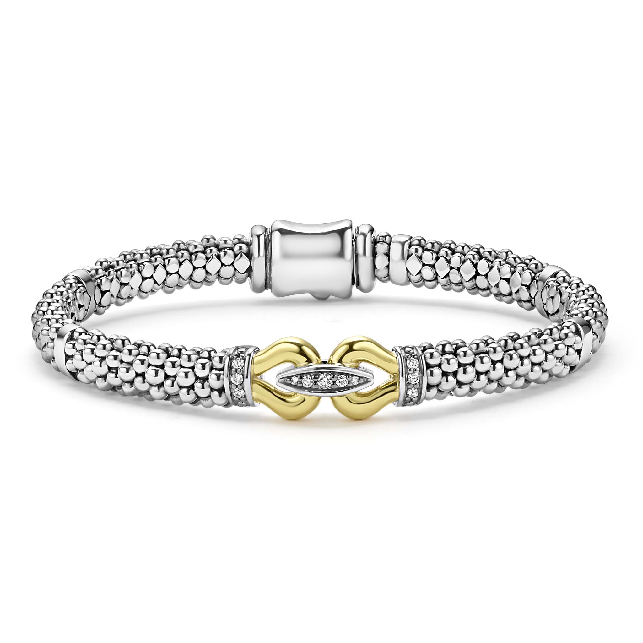 Fluted 18K gold stations accented with a diamond buckle, surrounded by sterling silver Caviar beading forms this classic Derby bracelet. LAGOS diamonds are the highest quality natural stones.