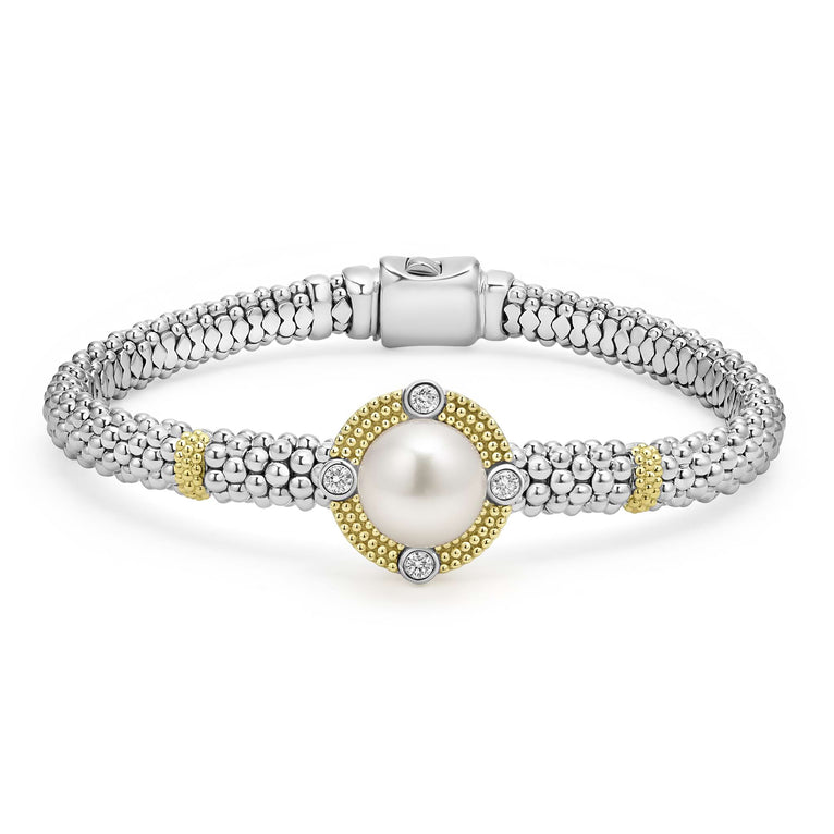 A freshwater cultured pearl surrounded by diamonds and smooth sterling silver Caviar beading and 18K gold stations forms this bracelet. LAGOS diamonds are the highest quality natural stones.