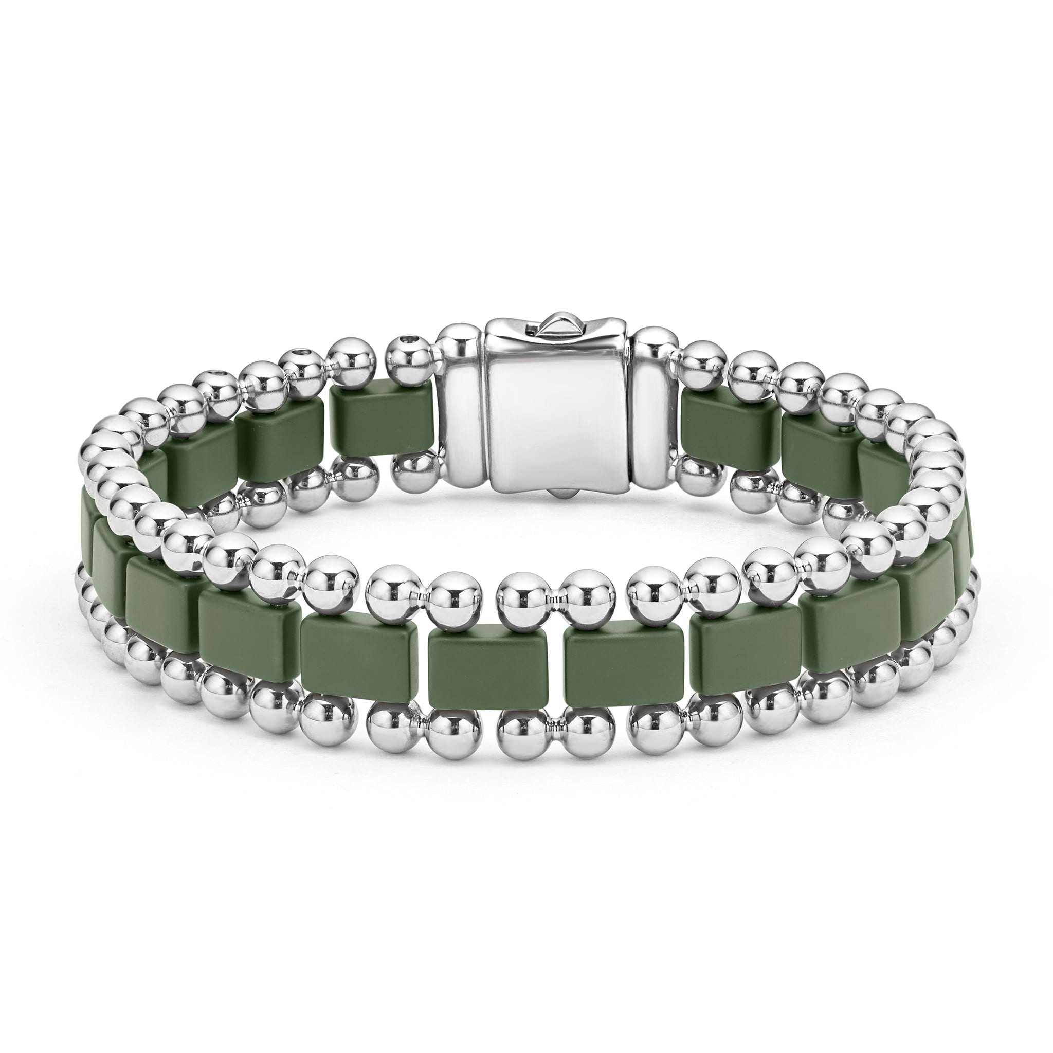Matte hunter green ceramic and stainless steel form this Caviar beaded link bracelet. Perfect for everyday wear.