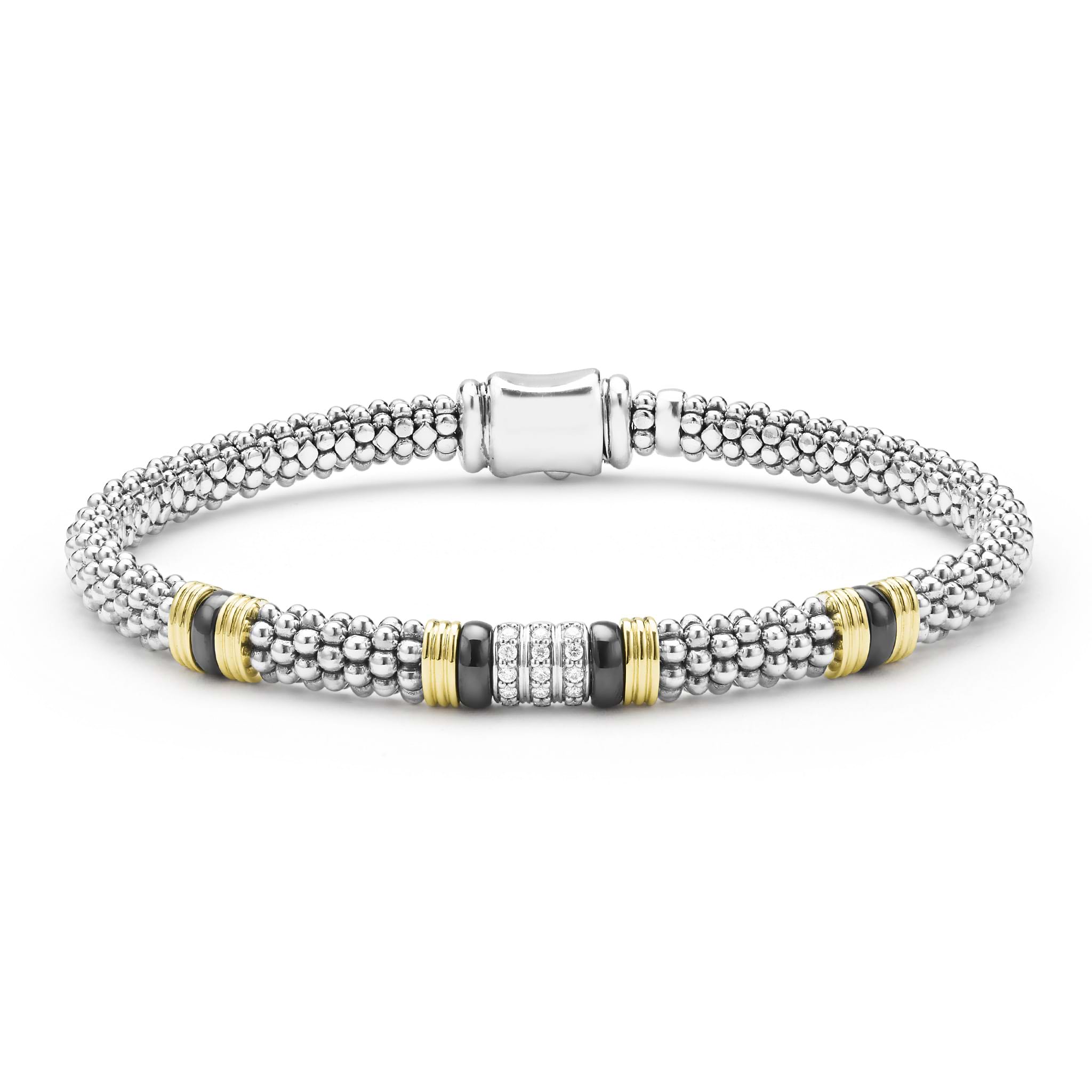 front of 6mm sterling silver beaded diamond bracelet with black ceramic and gold stations