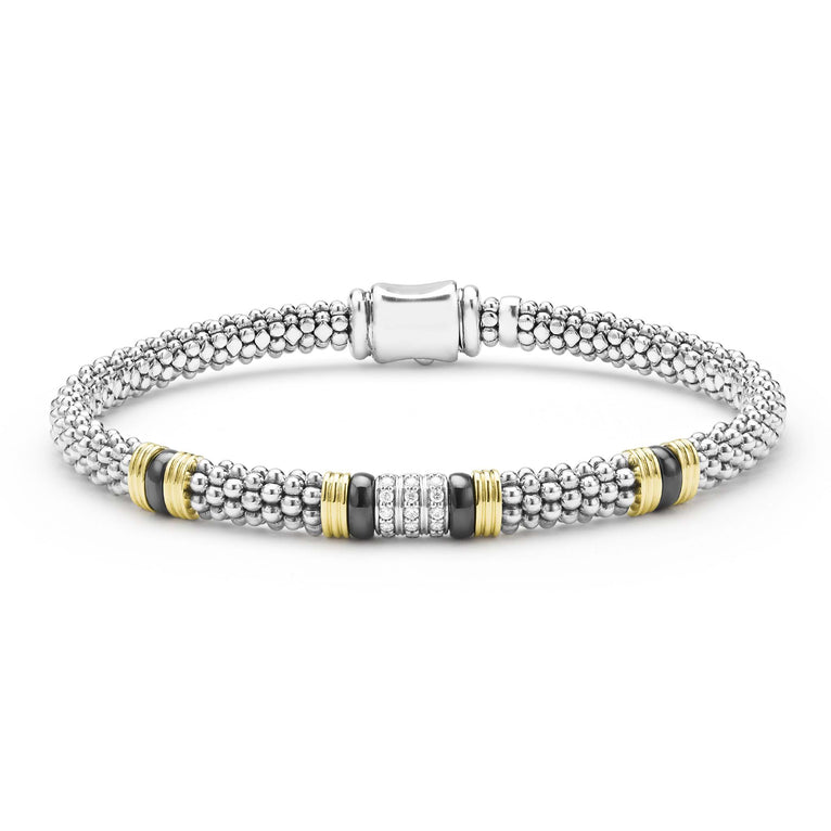 front of 6mm sterling silver beaded diamond bracelet with black ceramic and gold stations