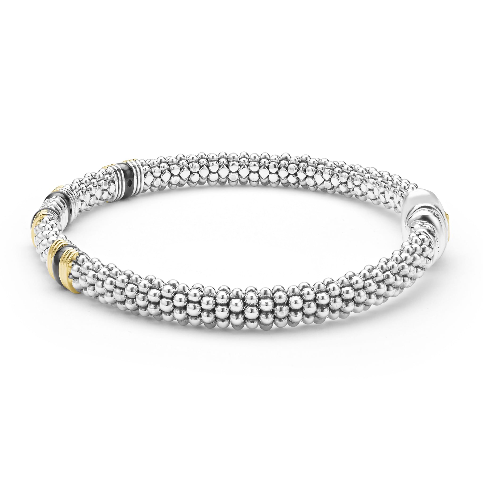 side of 6mm sterling silver beaded diamond bracelet with black ceramic and gold stations