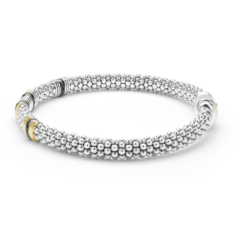 side of 6mm sterling silver beaded diamond bracelet with black ceramic and gold stations