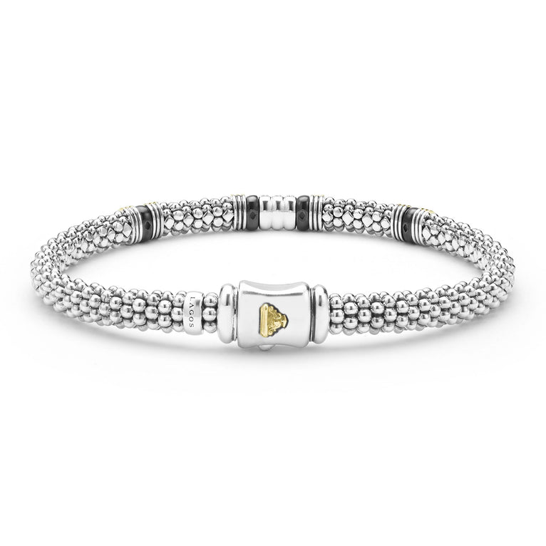 back of 6mm sterling silver beaded diamond bracelet with black ceramic and gold stations