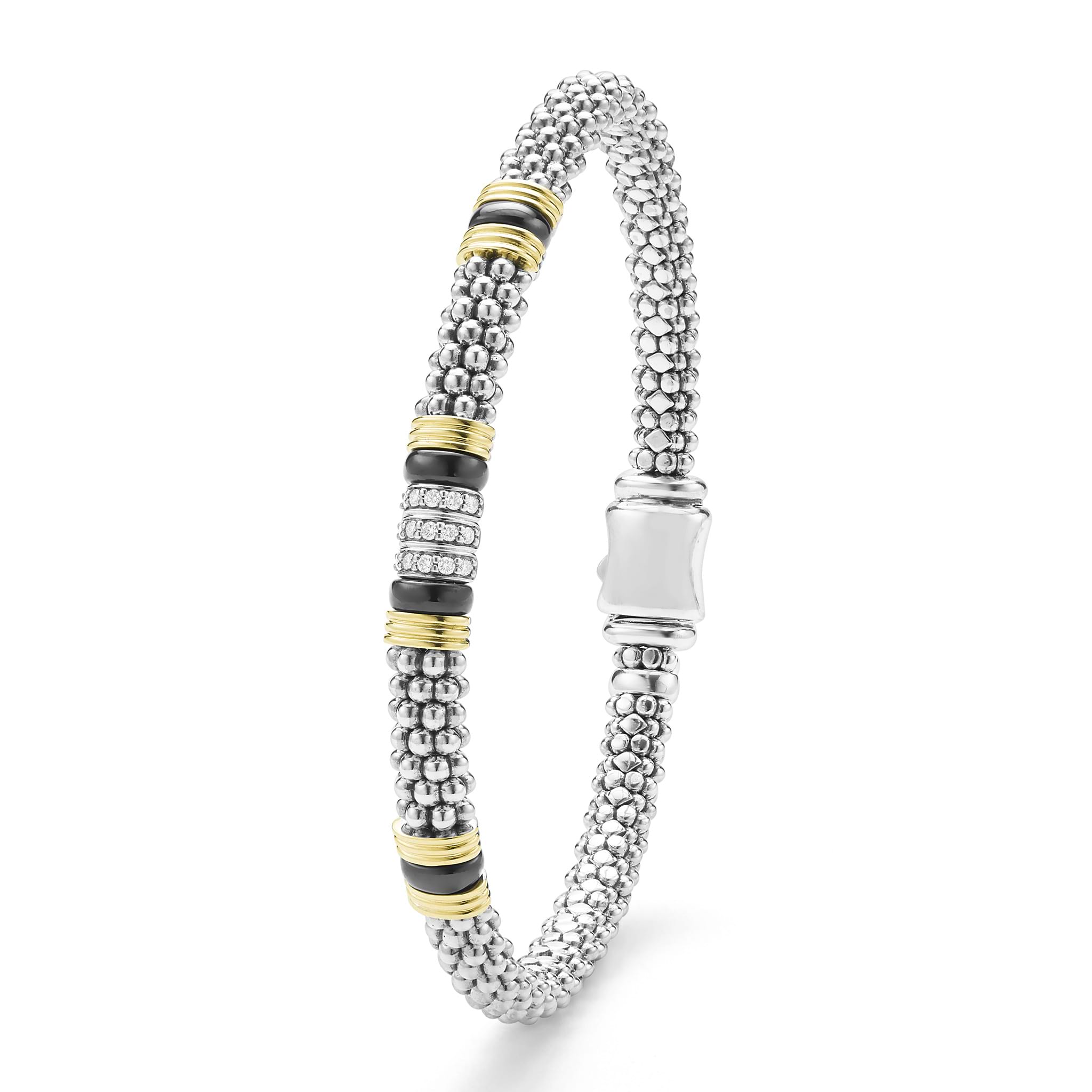 upright 6mm sterling silver beaded diamond bracelet with black ceramic and gold stations