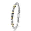 upright 6mm sterling silver beaded diamond bracelet with black ceramic and gold stations