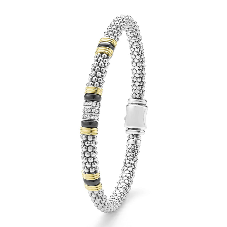 upright 6mm sterling silver beaded diamond bracelet with black ceramic and gold stations