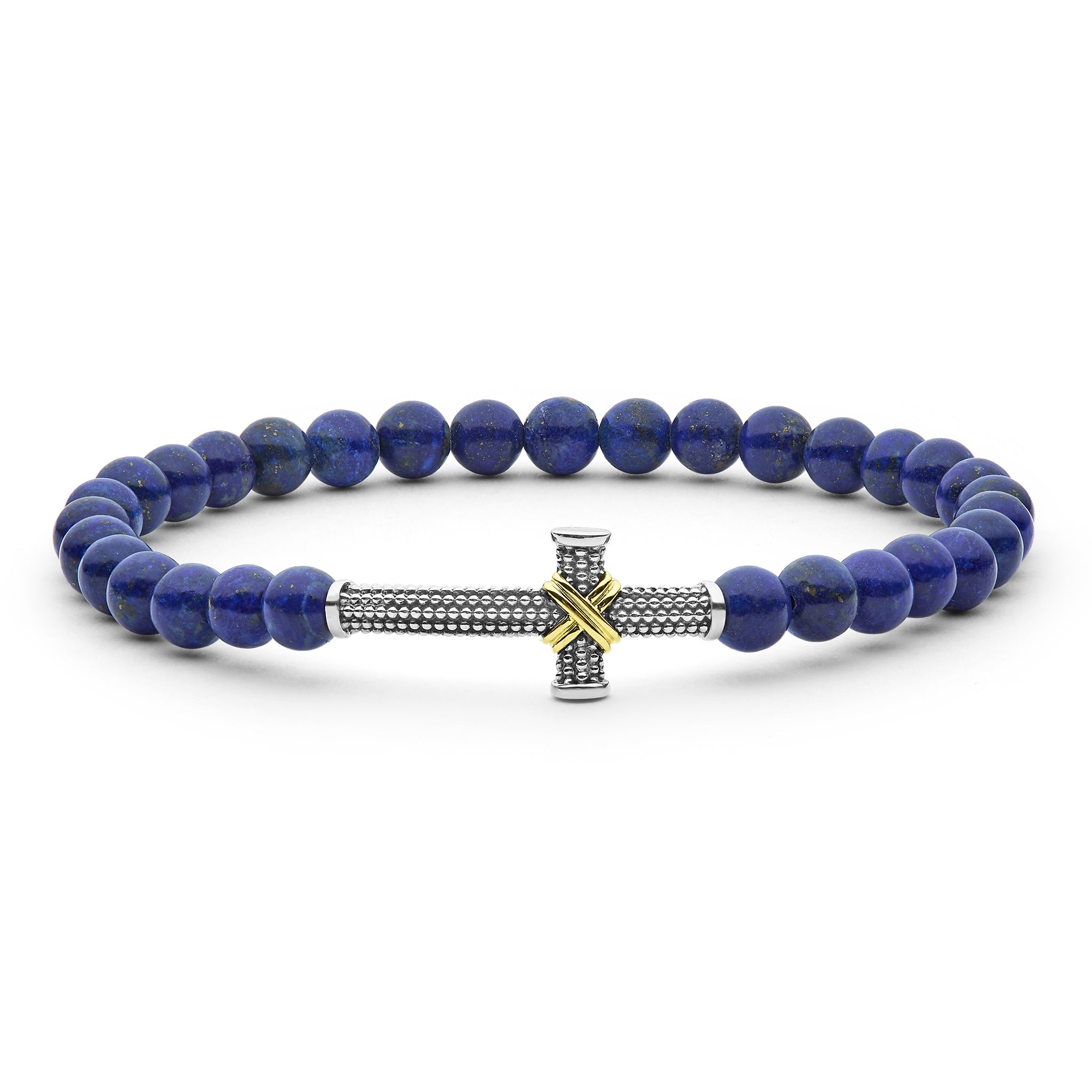 Blue beaded bracelet with a silver and gold cross charm on a white background