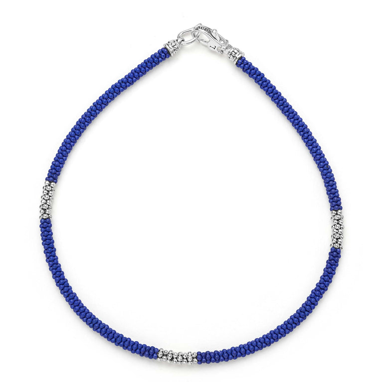 LAGOS Blue Caviar three-silver-station matte blue ceramic bracelet, 3 mm width, sterling silver lobster clasp