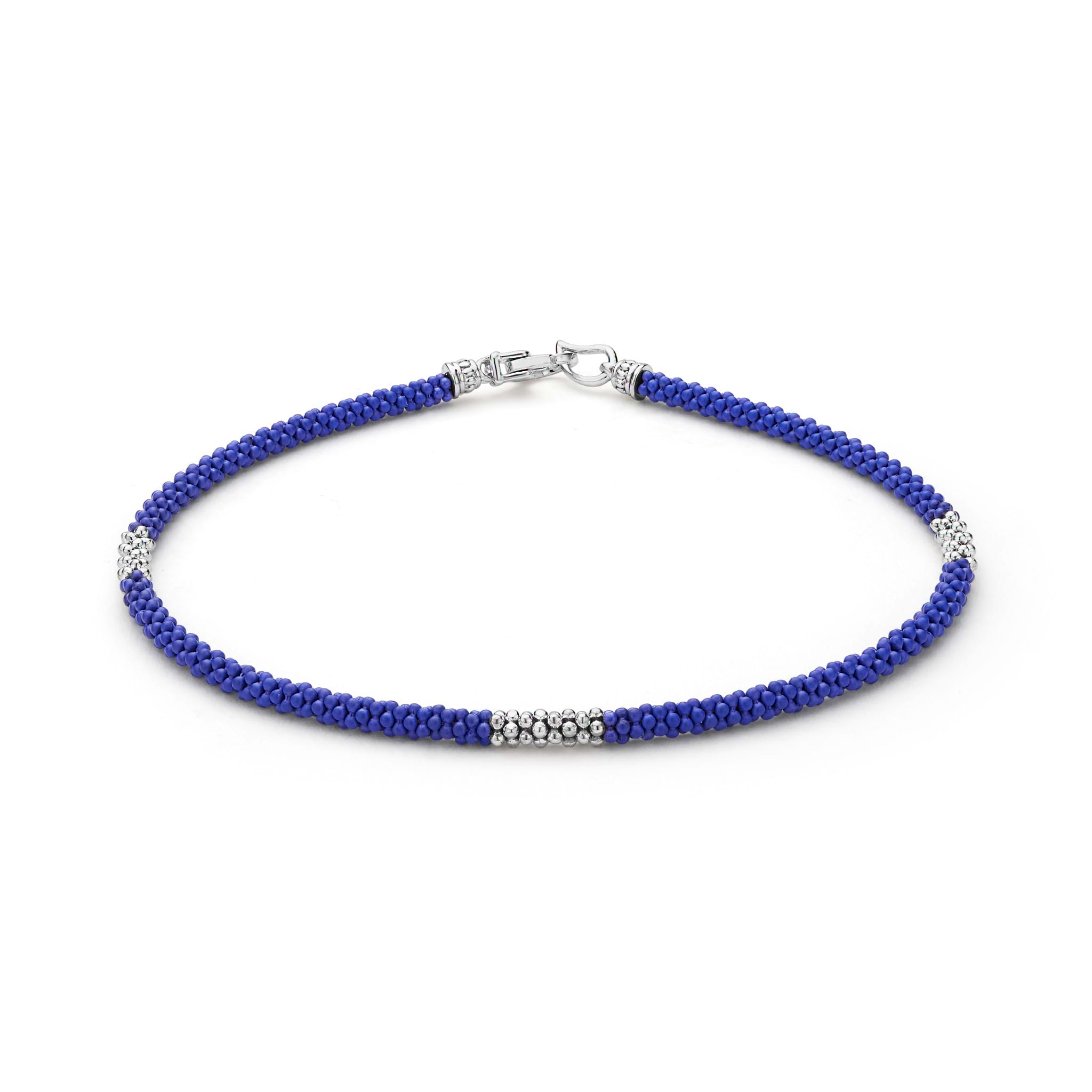 LAGOS Blue Caviar three-silver-station matte blue ceramic bracelet, 3 mm width, sterling silver lobster clasp