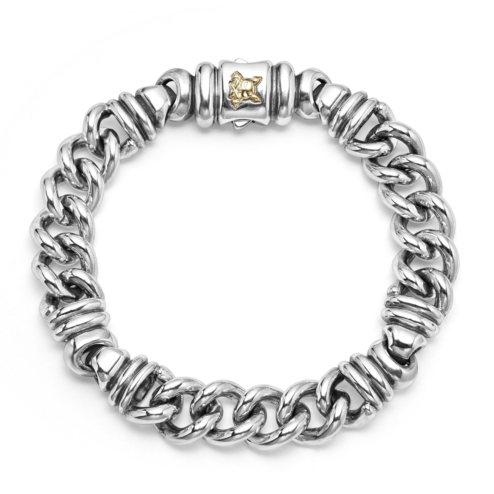 Smooth sterling silver forms this twist curb chain bracelet finished with a krunch crescent on the clasp.