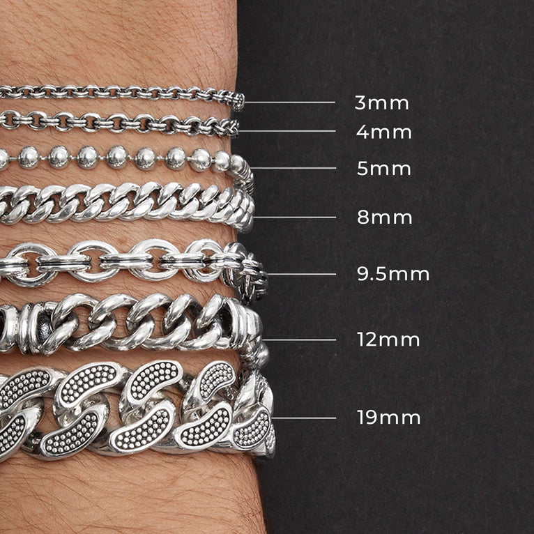 Chart showing the different sizes of LAGOS men's bracelets