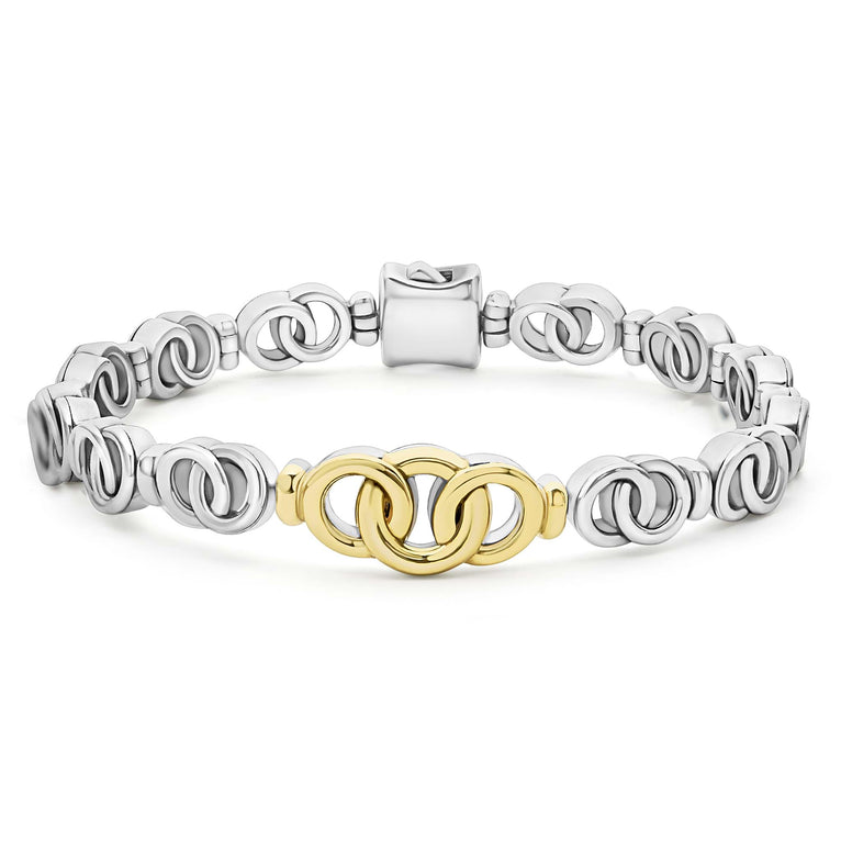 18K gold and sterling silver form this interlocking link bracelet.