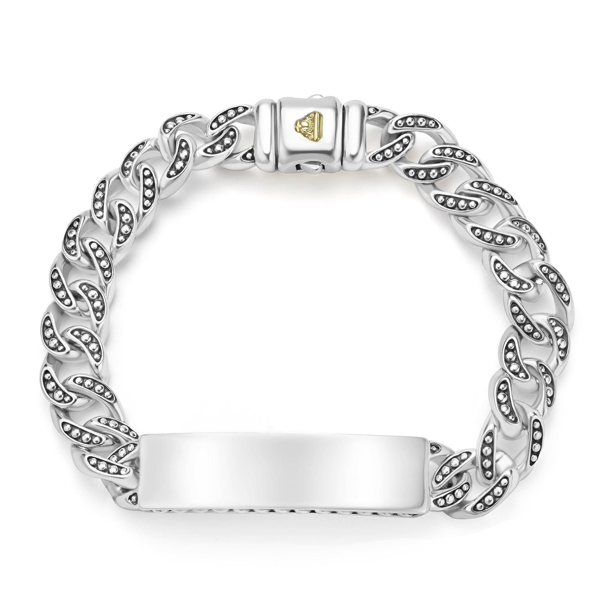 sterling silver ID curb link bracelet with Caviar beaded links, 10mm width