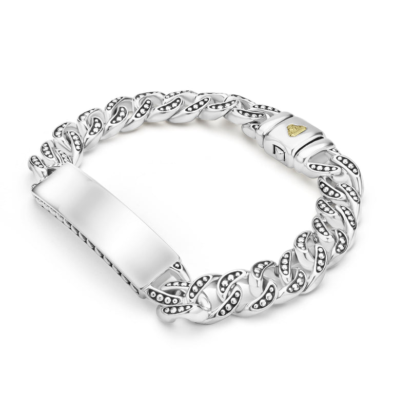 sterling silver ID curb link bracelet with Caviar beaded links, 10mm width