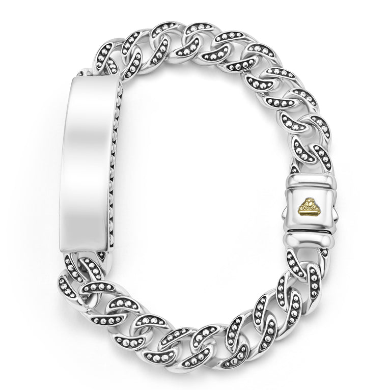 sterling silver ID curb link bracelet with Caviar beaded links, 10mm width