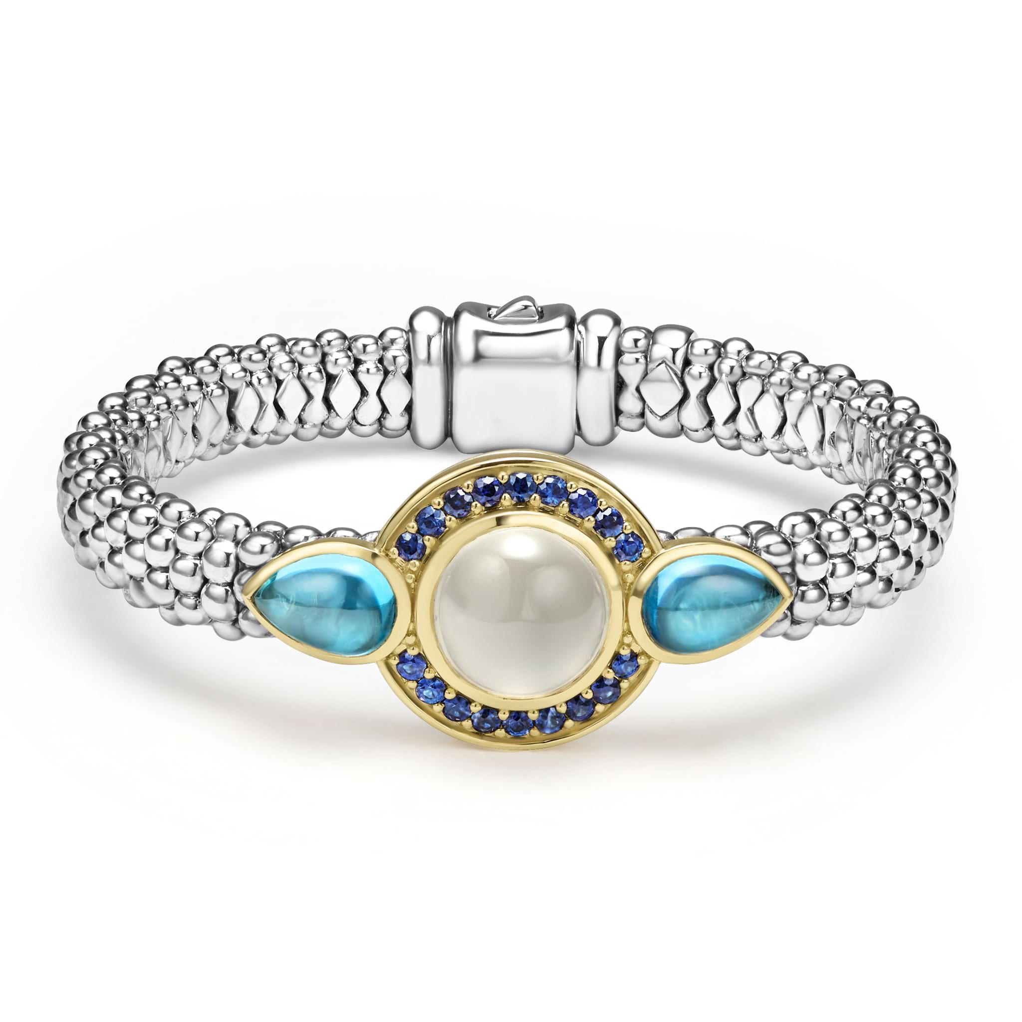 A round moonstone, blue sapphires, and pear-shaped blue topaz gemstones are set in smooth 18k gold on this sterling silver Caviar rope bracelet.