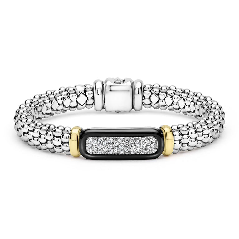 front of 9mm sterling silver beaded diamond bracelet with black ceramic and gold details