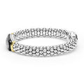 side of 9mm sterling silver beaded diamond bracelet with black ceramic and gold details