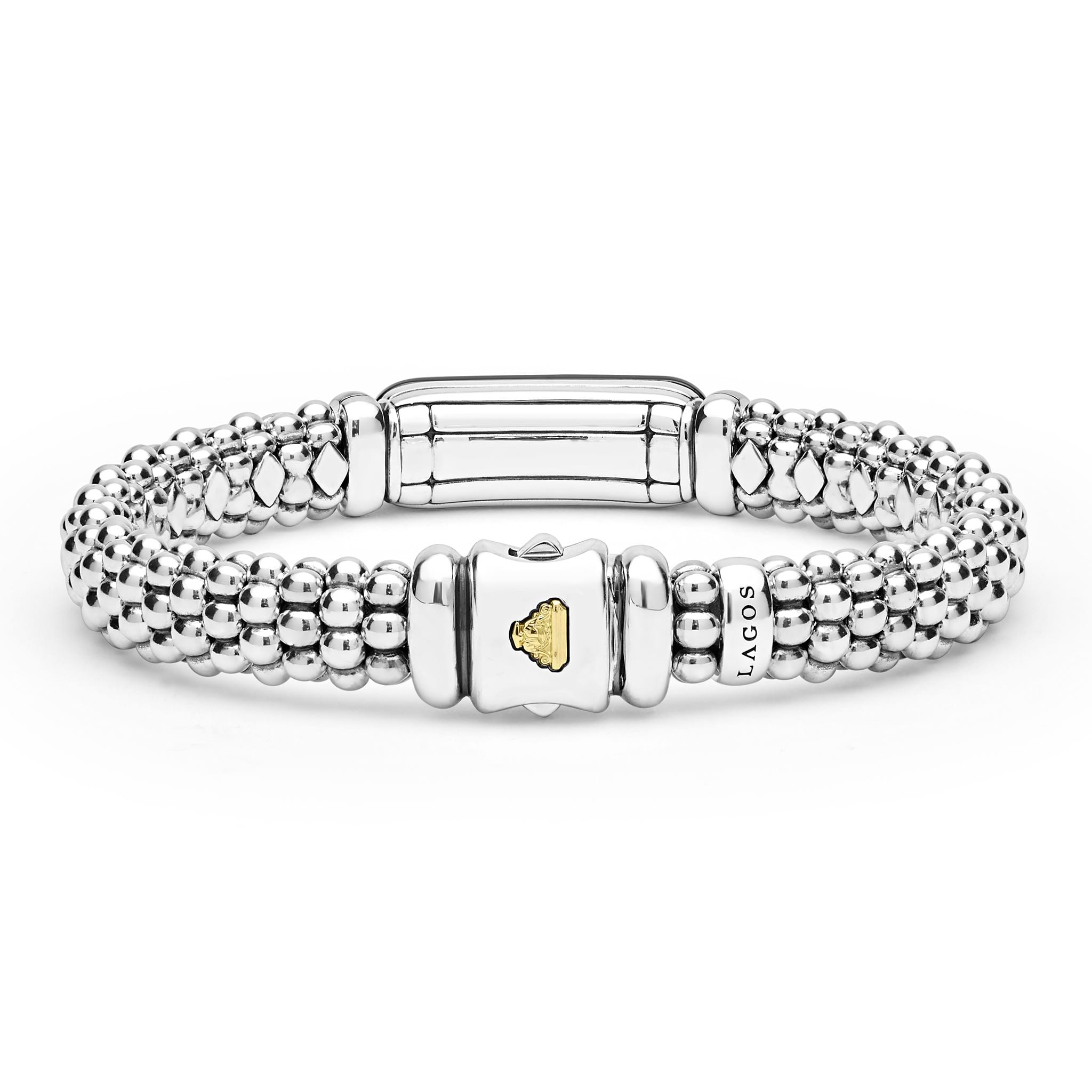 back of 9mm sterling silver beaded diamond bracelet with black ceramic and gold details