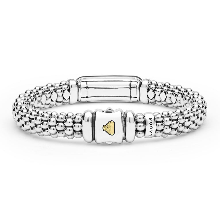 back of 9mm sterling silver beaded diamond bracelet with black ceramic and gold details