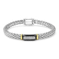 front of 6mm sterling silver beaded diamond bracelet with black ceramic and gold details