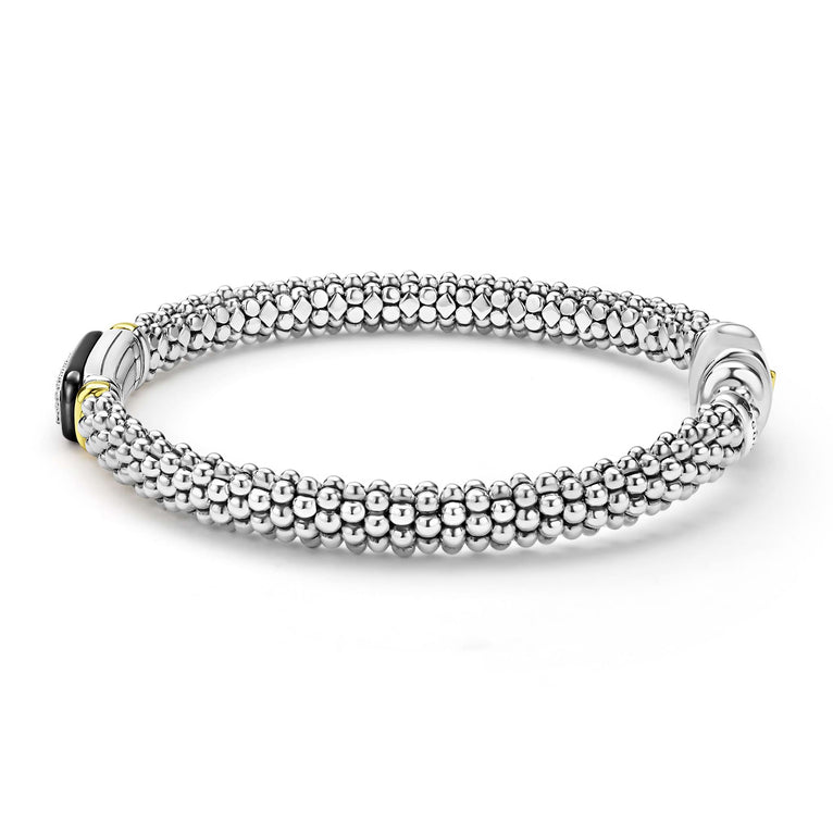 side of 6mm sterling silver beaded diamond bracelet with black ceramic and gold details