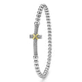 upright everyday stretch bracelet with beaded sterling silver and gold cross detail