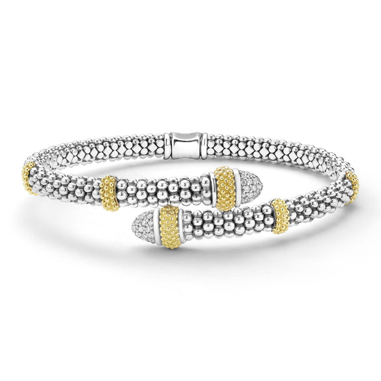 front of 5mm sterling silver bypass bracelet with gold and diamond accents