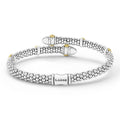 back of 5mm sterling silver bypass bracelet with gold and diamond accents and LAGOS engraving