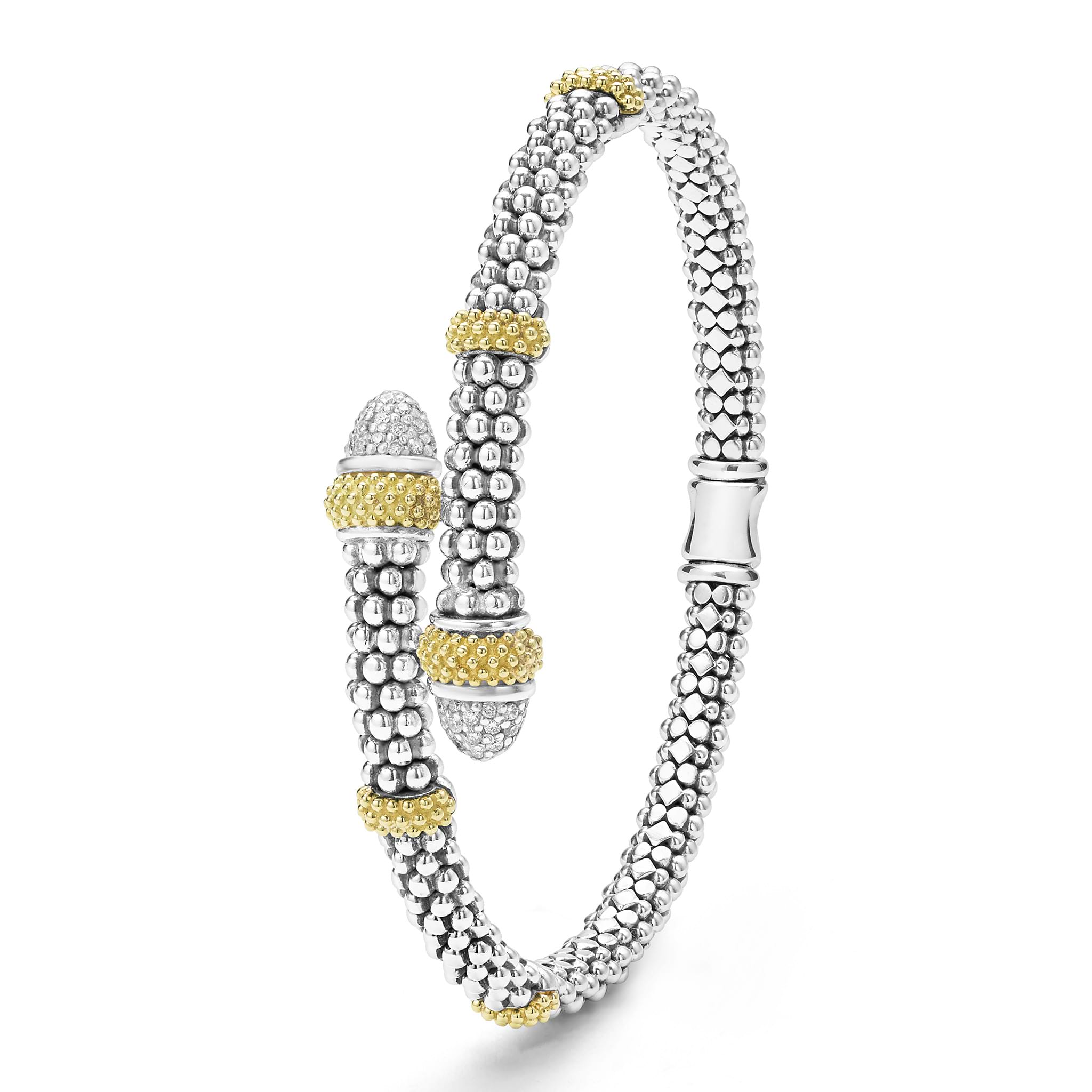 upright 5mm sterling silver bypass bracelet with gold and diamond accents