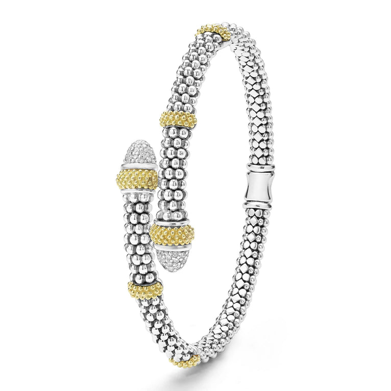 upright 5mm sterling silver bypass bracelet with gold and diamond accents