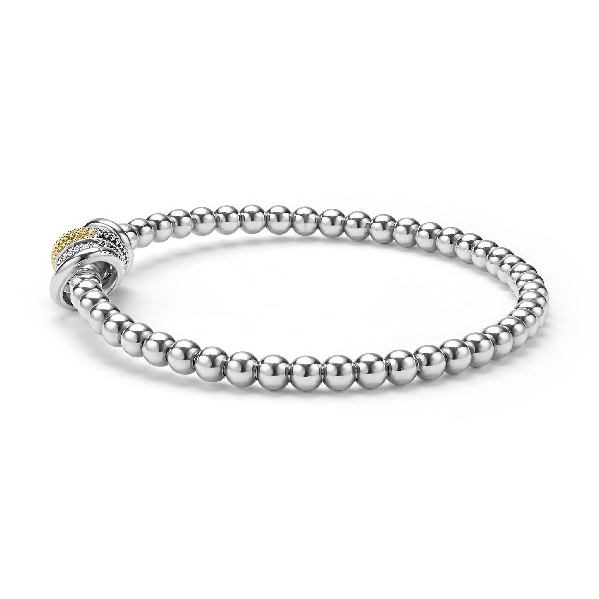 side of sterling silver beaded stretch bracelet with diamonds and gold ring details 
