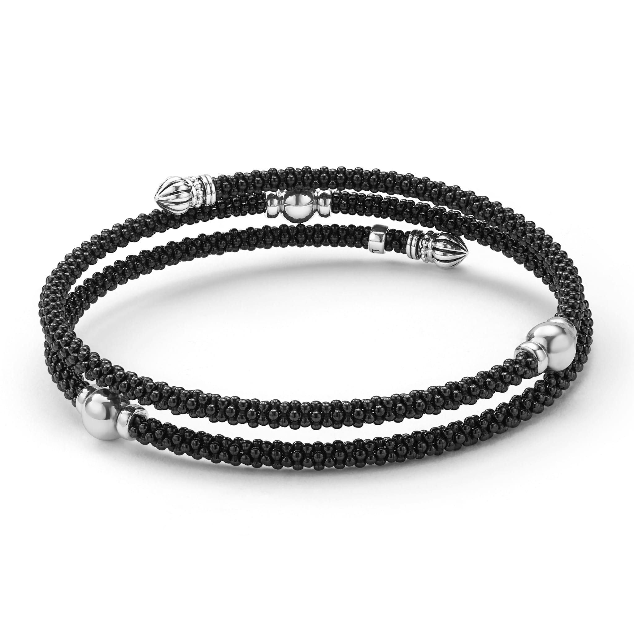 black ceramic beading with sterling silver station wrap bracelet